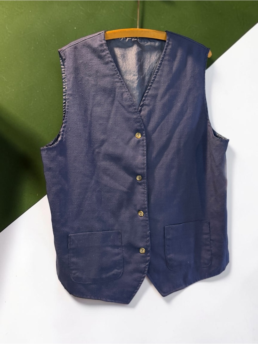 Vintage Handmade 1990 Navy Linen-Look Vest V-Neck Button Front Pockets